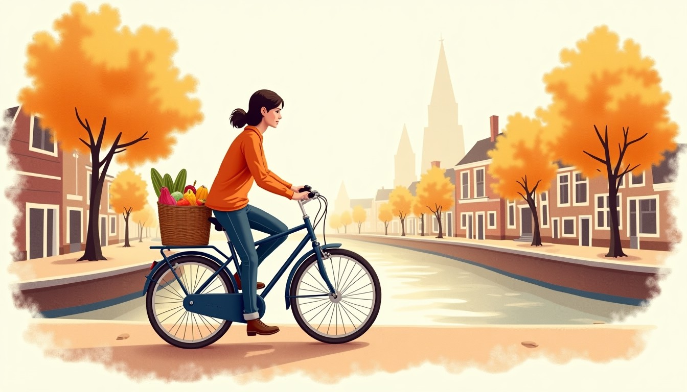 Cyclist with groceries by a Dutch canal