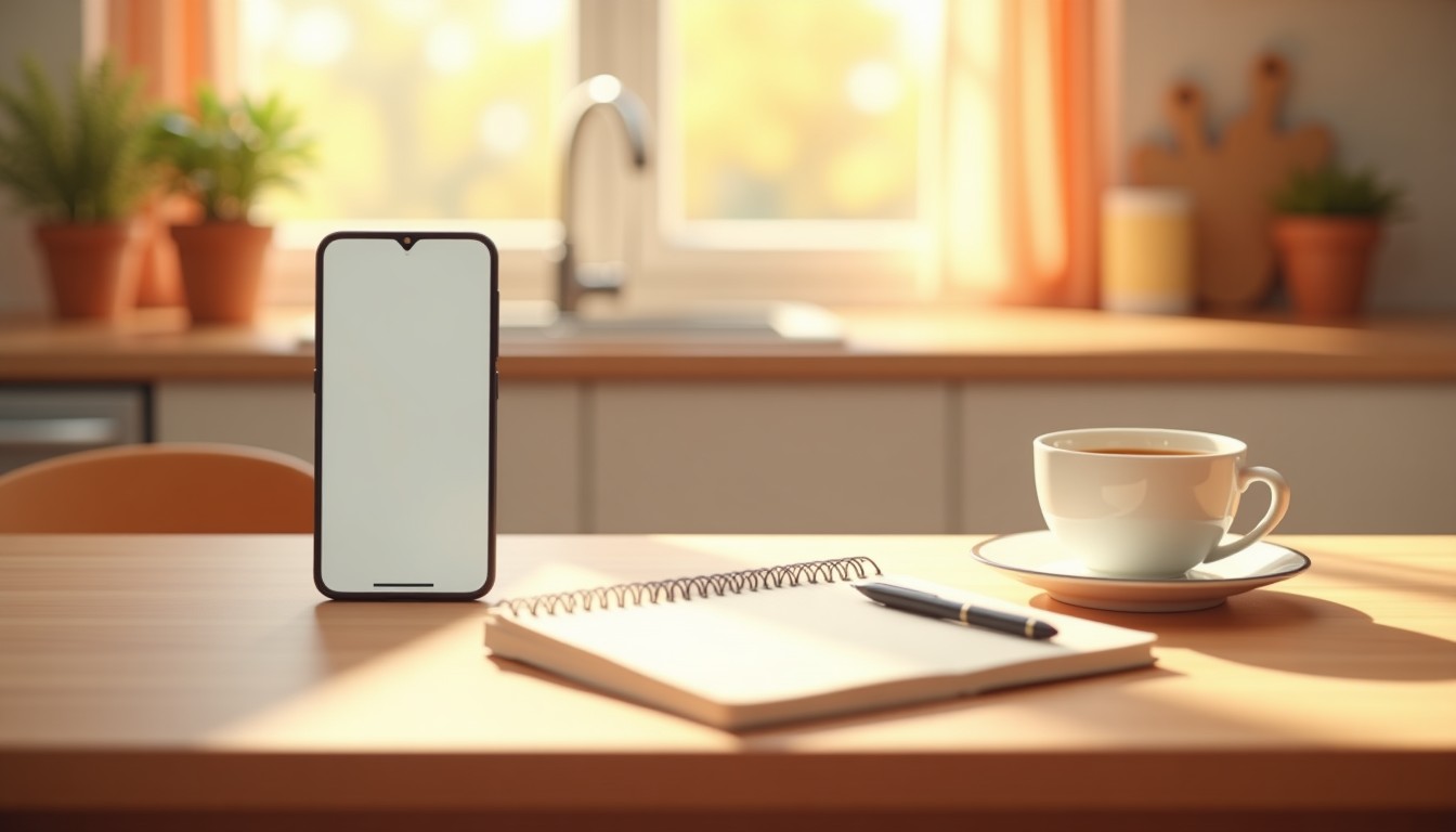 Kitchen table with notebook and phone for language practice