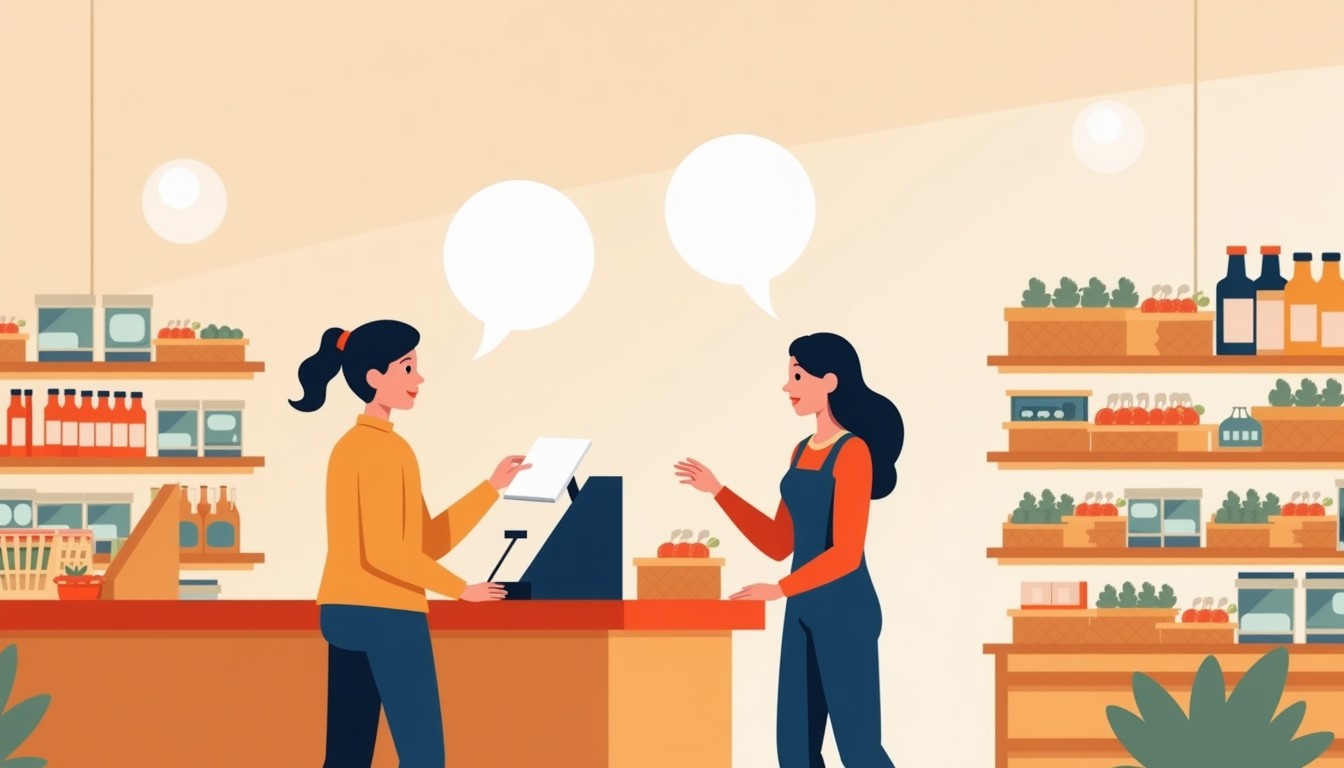 Customer and cashier talking at supermarket checkout