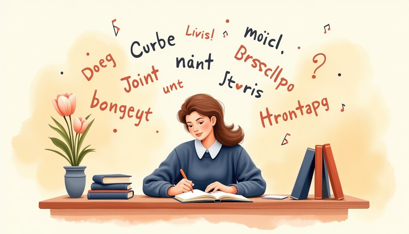 Person writing in diary with Dutch words floating