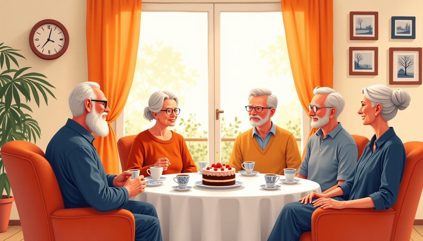 Elderly Dutch people sitting in a circle at a birthday party, drinking coffee and eating cake.