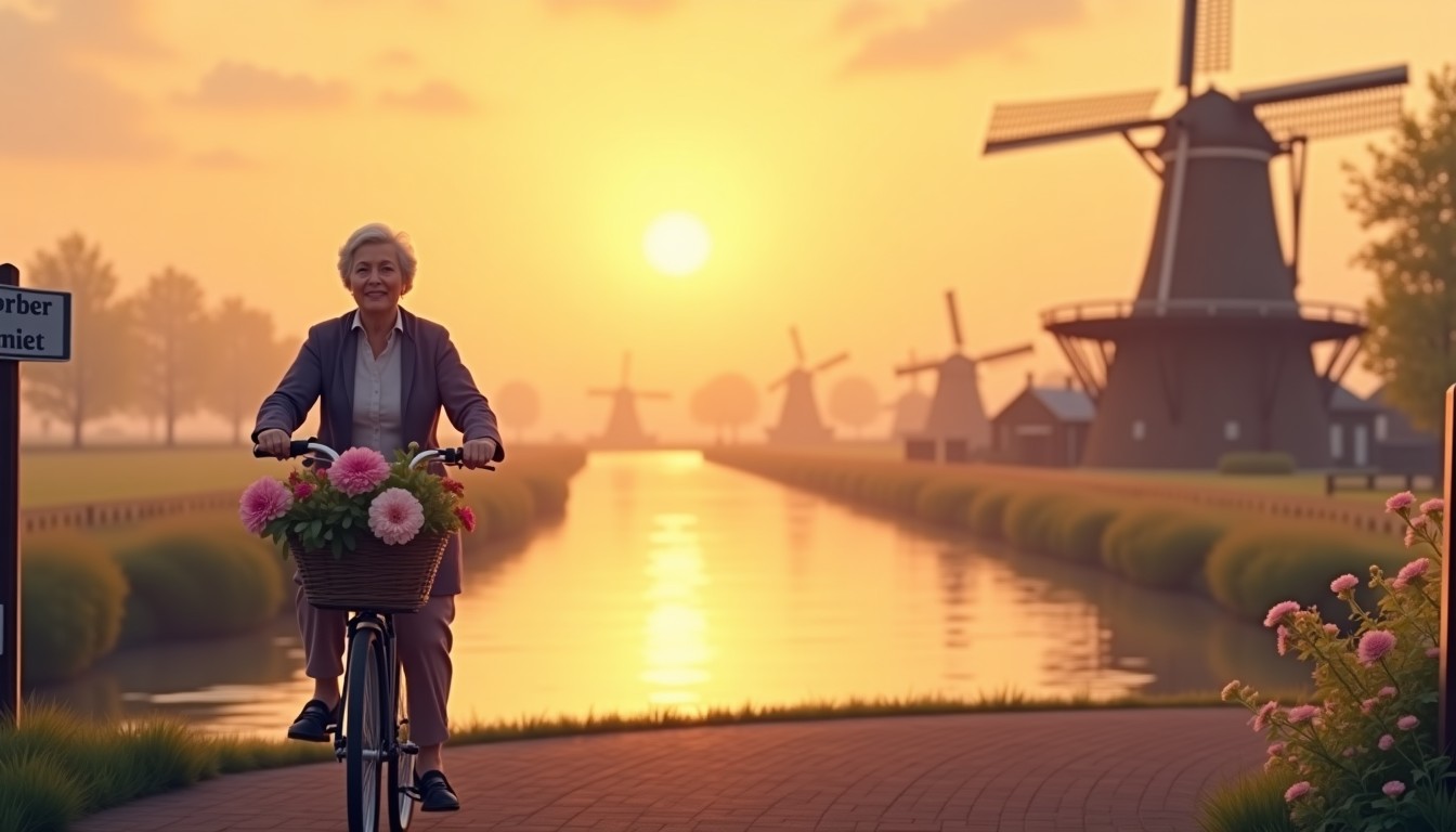 An elderly Dutch woman riding a bicycle with flowers along a canal at sunset.