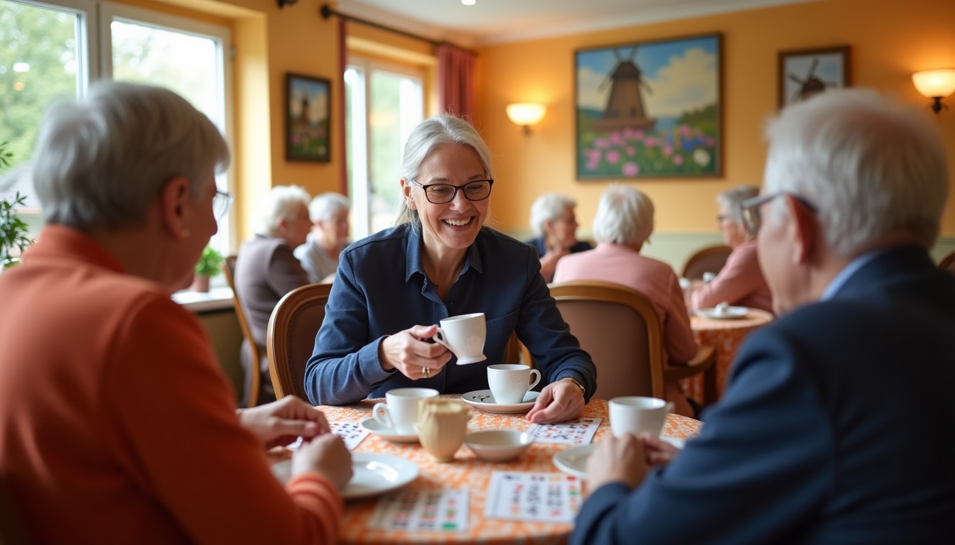 Elderly residents playing bingo in a Dutch retirement home common room.