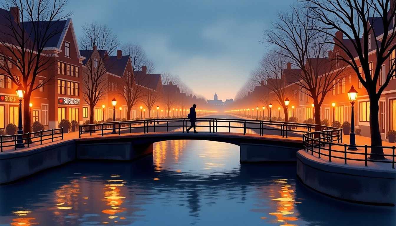 Watercolor of a footbridge over a Dutch canal with a person carrying a glowing lantern from one bank to the other