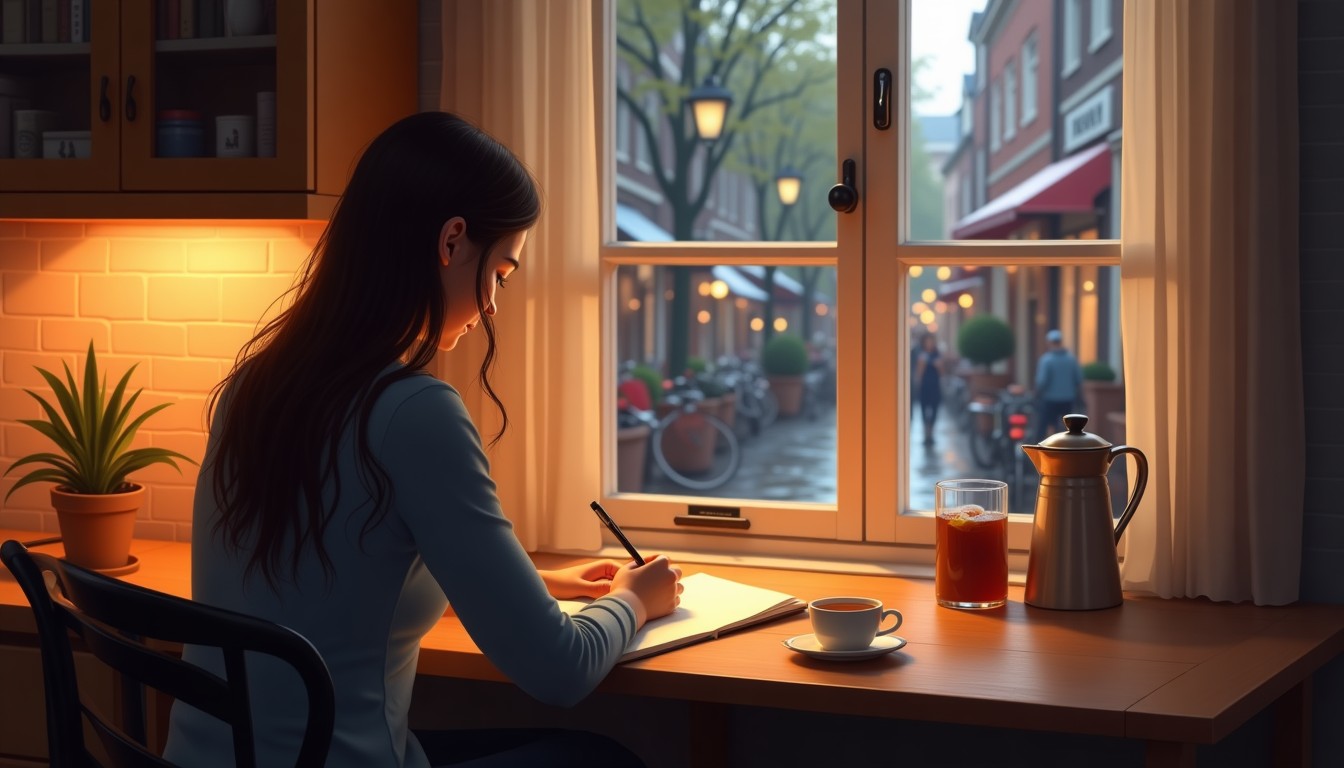 A learner writing sentences by hand at a kitchen table in warm lamplight with a Dutch street outside