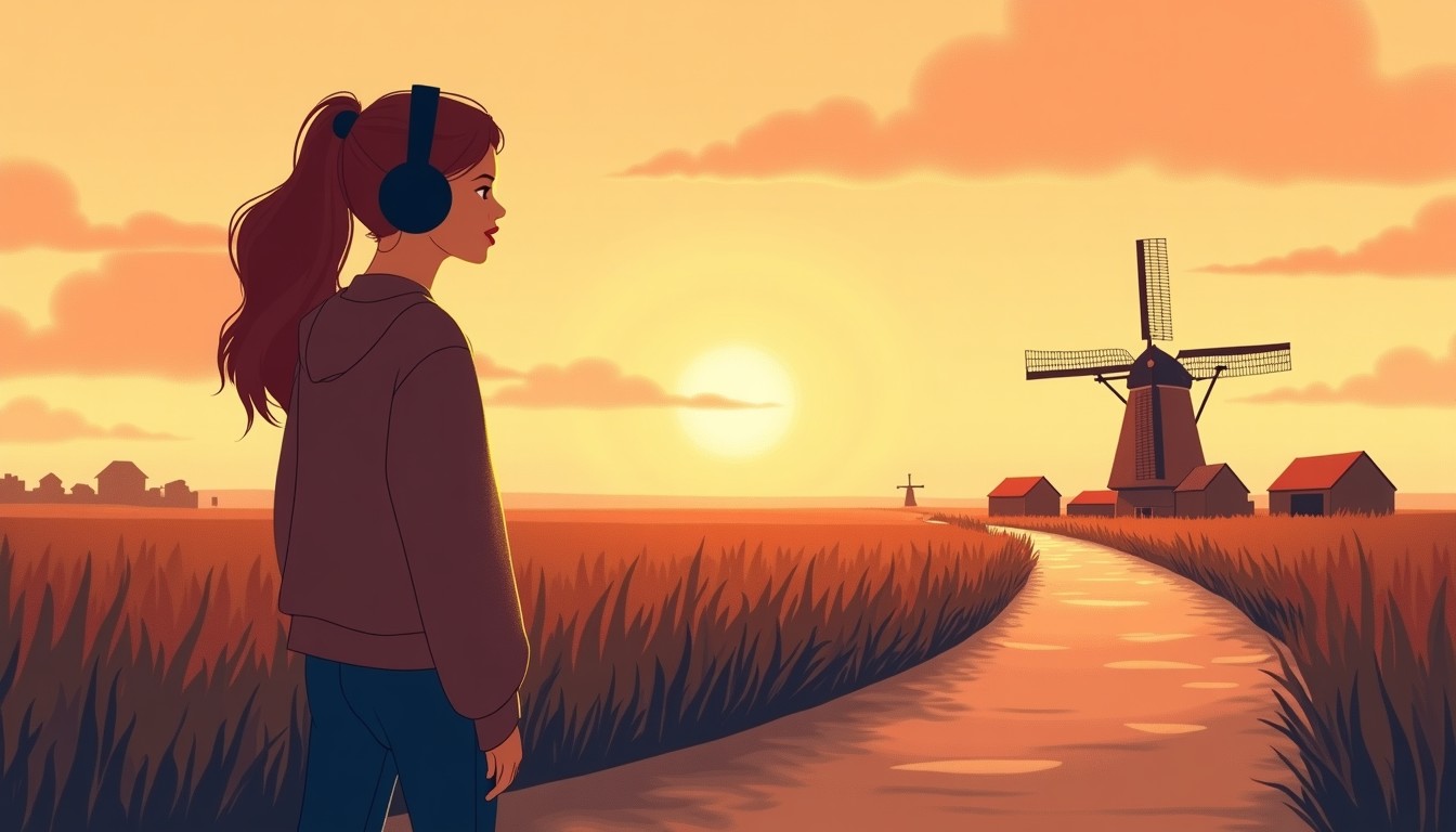 Woman with headphones walking on a Dutch dike at sunset, repeating a sentence out loud
