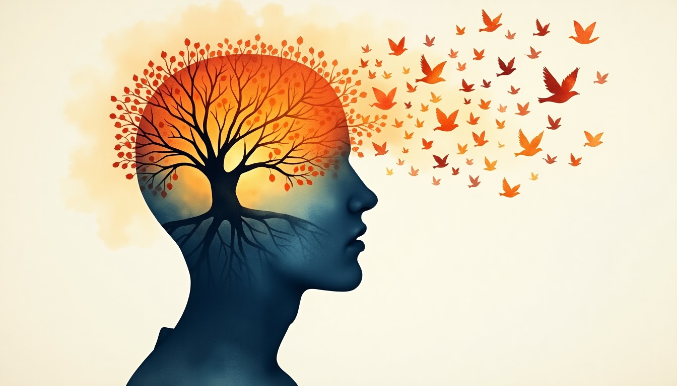 Navy head profile with a tree of glowing words inside and words leaving the mouth as small birds