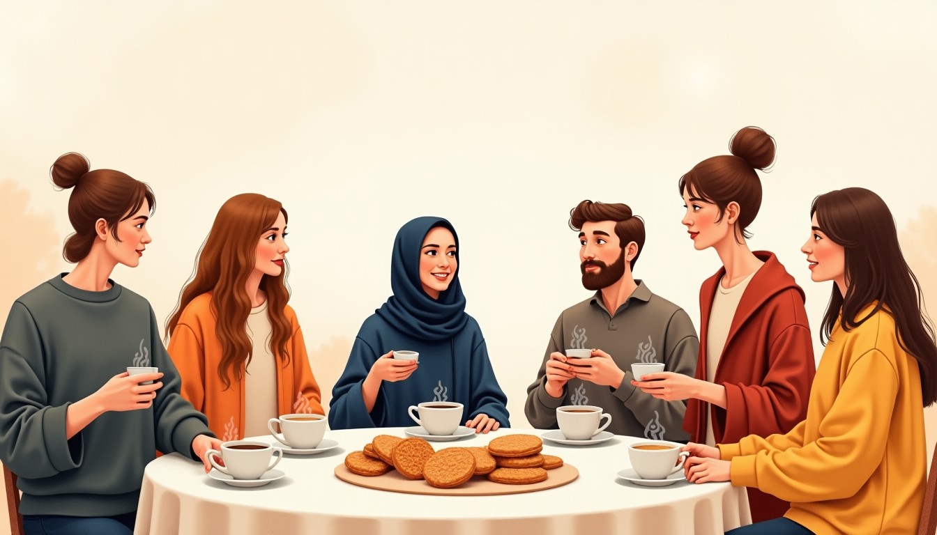 Diverse group of people chatting in a Dutch community center with coffee and stroopwafels