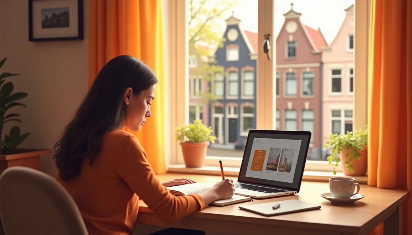 Person writing in a diary at a Dutch kitchen table with a laptop showing a language app