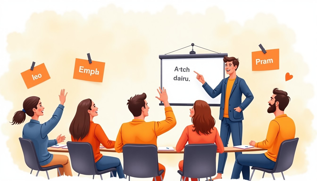 Adult learners in a Dutch language classroom with a teacher at a whiteboard
