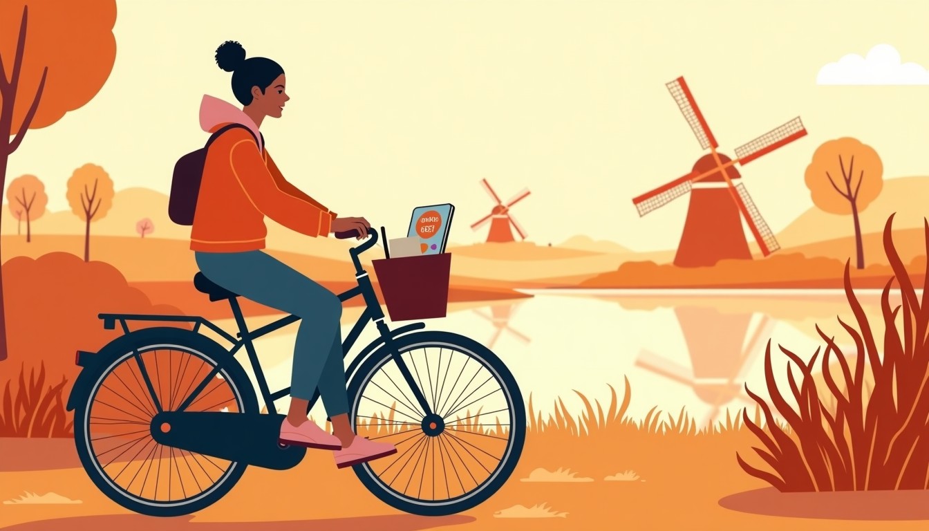 Person cycling along a Dutch canal with a notebook and phone in the basket