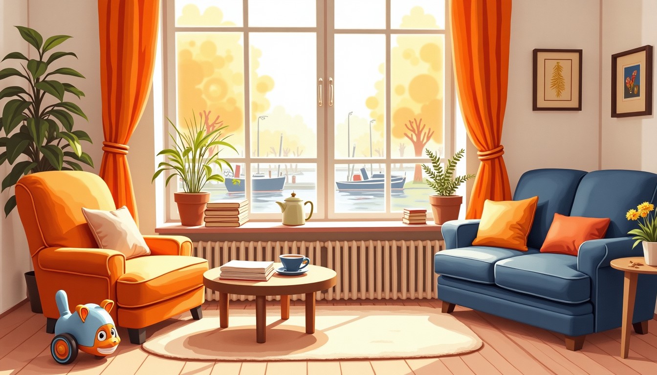 Cozy Dutch living room with a cluttered coffee table and warm afternoon light