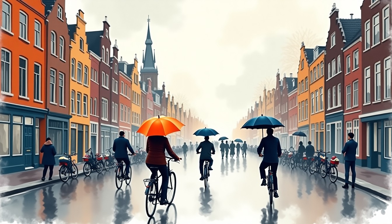Rainy Dutch street with bicycles and people under umbrellas