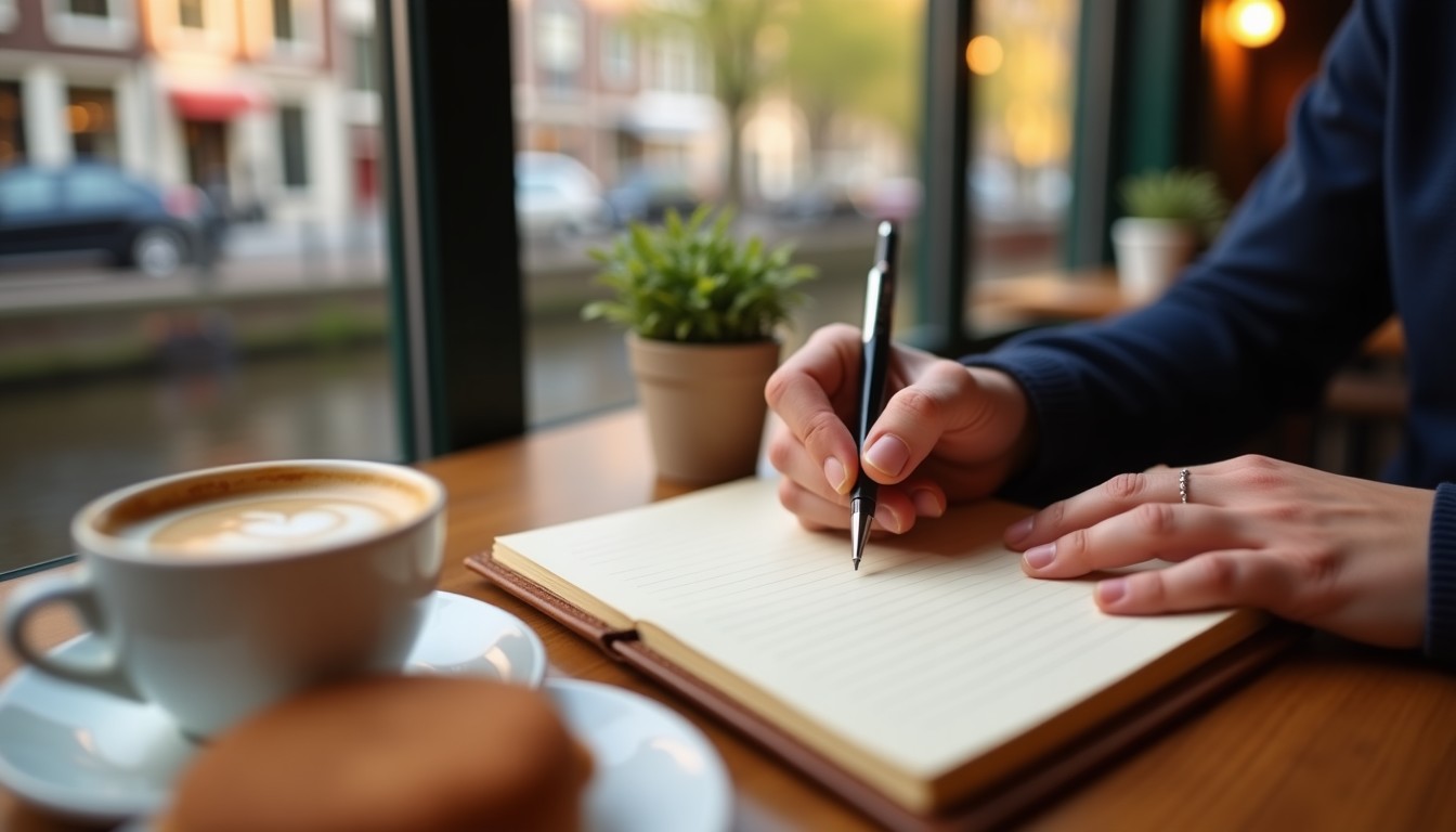 Hand writing in a small leather agenda on a café table with coffee and a stroopwafel