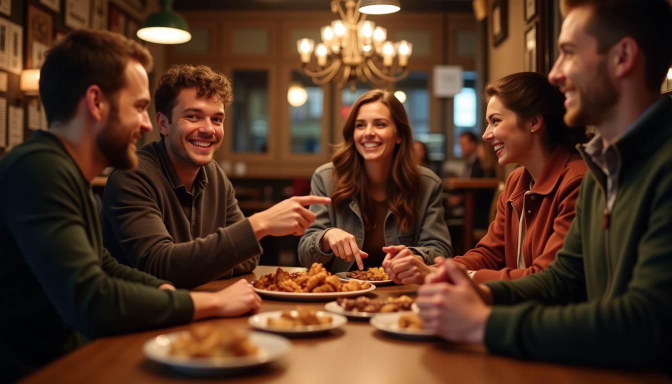 Friends at a Dutch borrel, one holding an agenda and pointing at a date