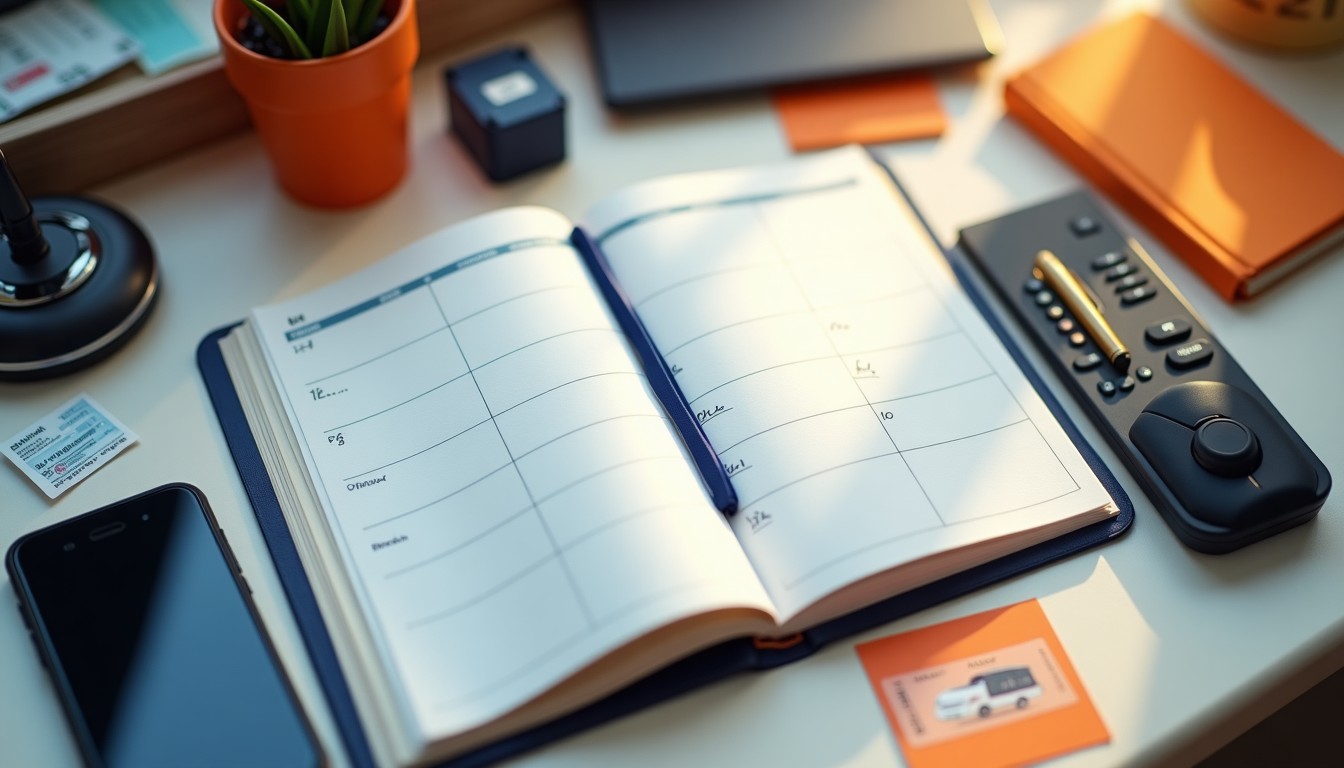 Overhead view of a desk with an open paper agenda, pen, phone, and Dutch train ticket
