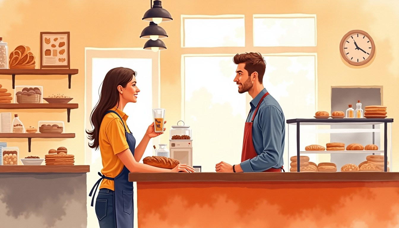 Illustration of a customer and baker chatting at a Dutch bakery counter