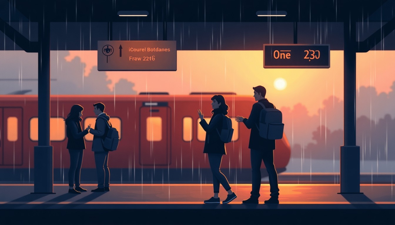 Two people waiting at a Dutch train station, shrugging about a delay