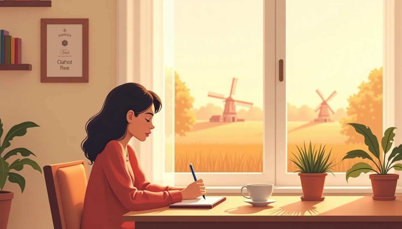 Person writing in a notebook at a kitchen table with a Dutch landscape outside