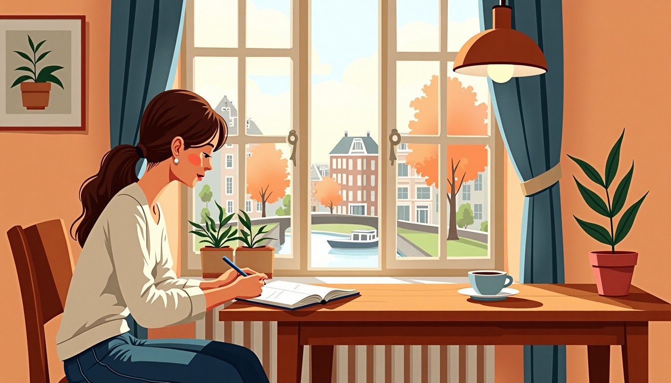 Person writing in a diary in a cozy Dutch living room