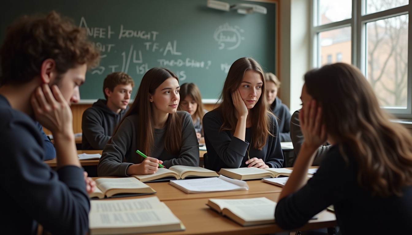 Students in a classroom reading and discussing Anne Frank's diary