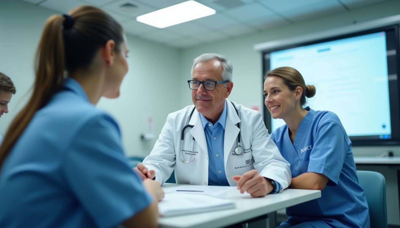 A group of medical professionals engaged in a discussion in a classroom