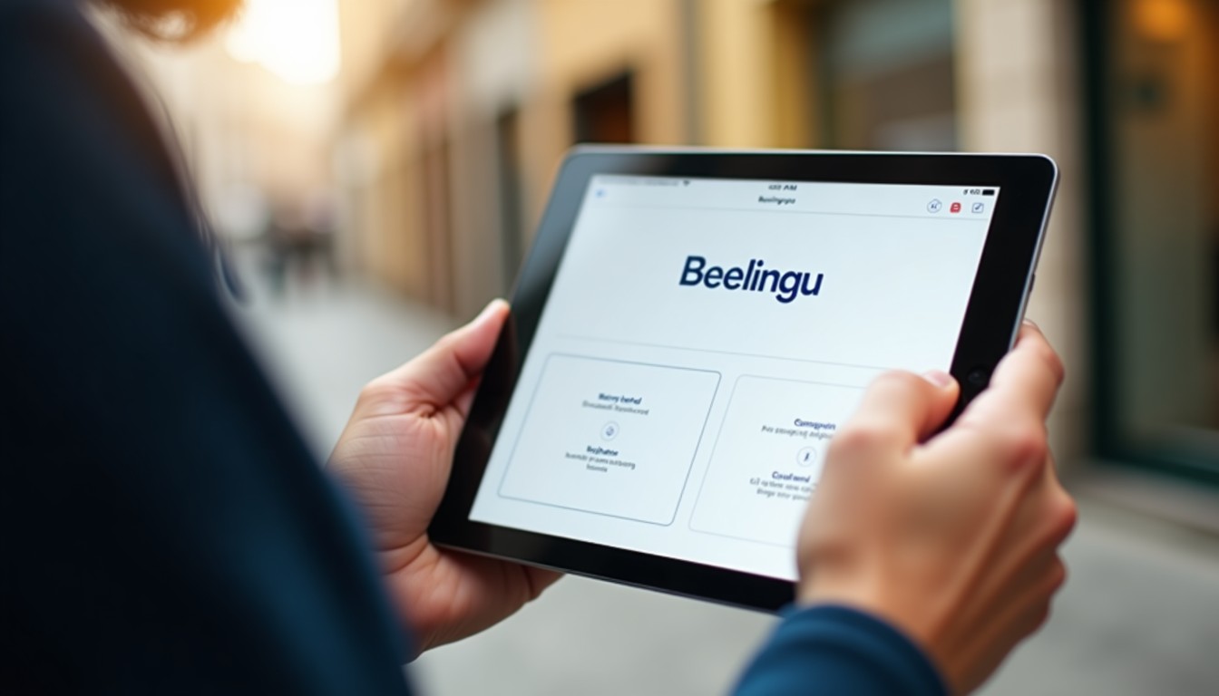 A person's hands holding a tablet with a bilingual text on the screen