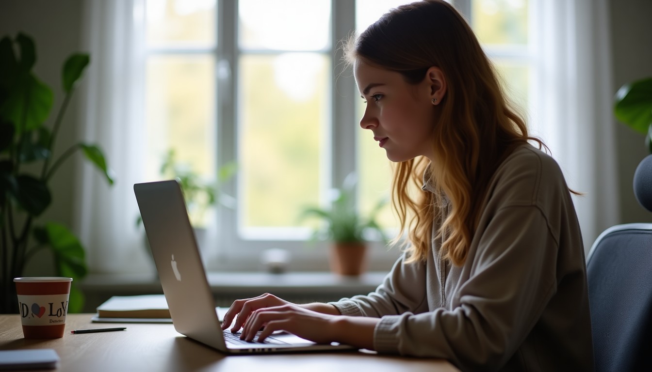 A person sitting at a desk, focused on their laptop screen with Dutch language course materials