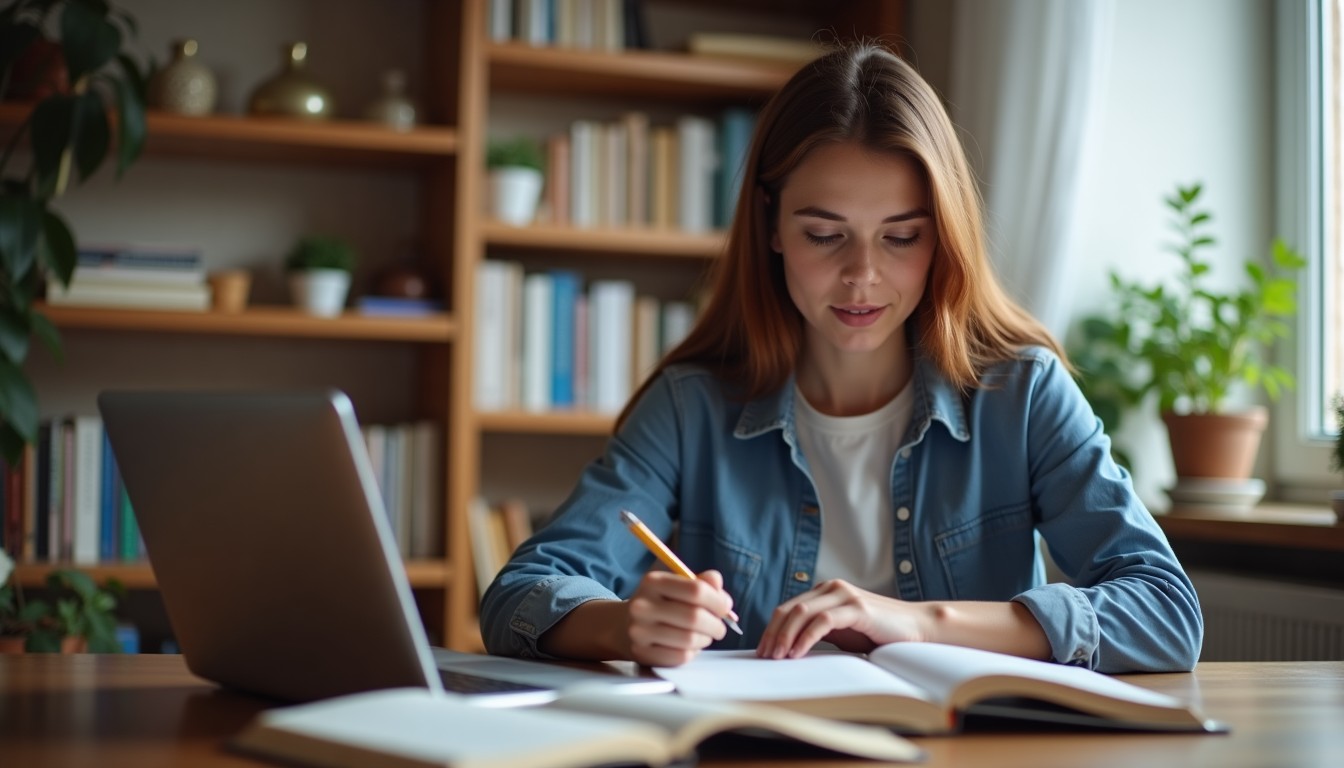 A person sitting at a desk with a laptop and textbooks.