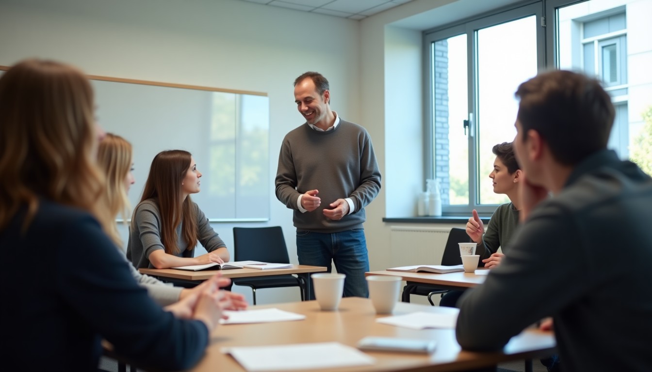 Adult learners in a classroom with a teacher