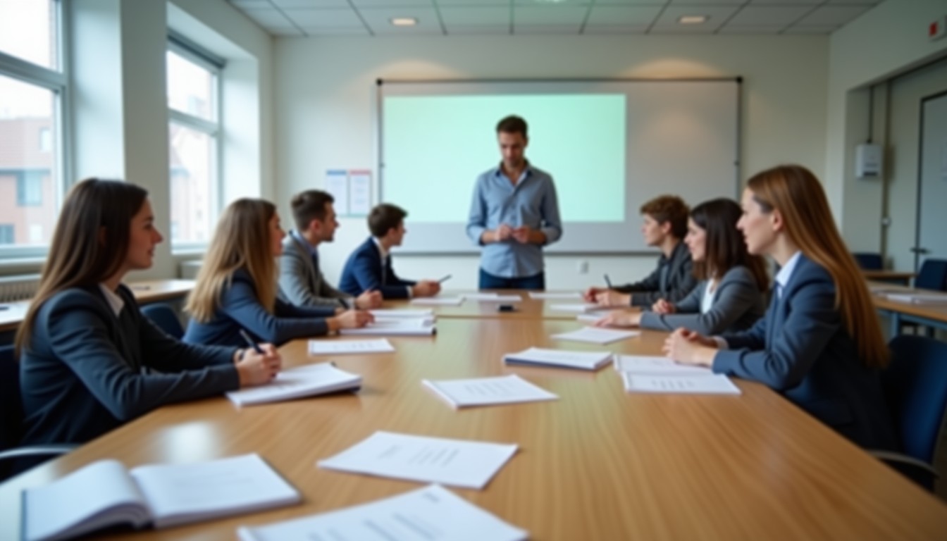 A classroom scene with students and a teacher