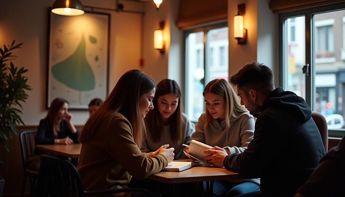 People in a cafe reading a book