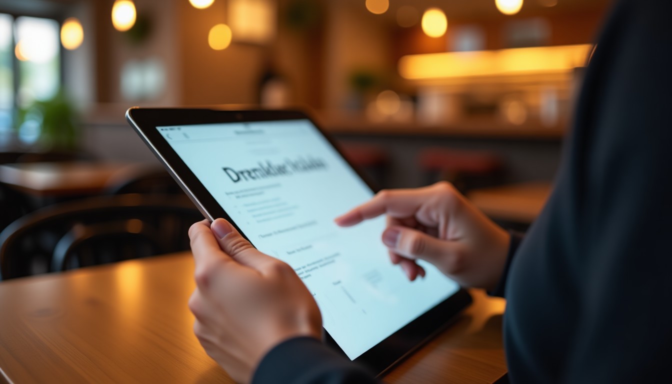 A person using the Drops Dutch app on a tablet in a cafe