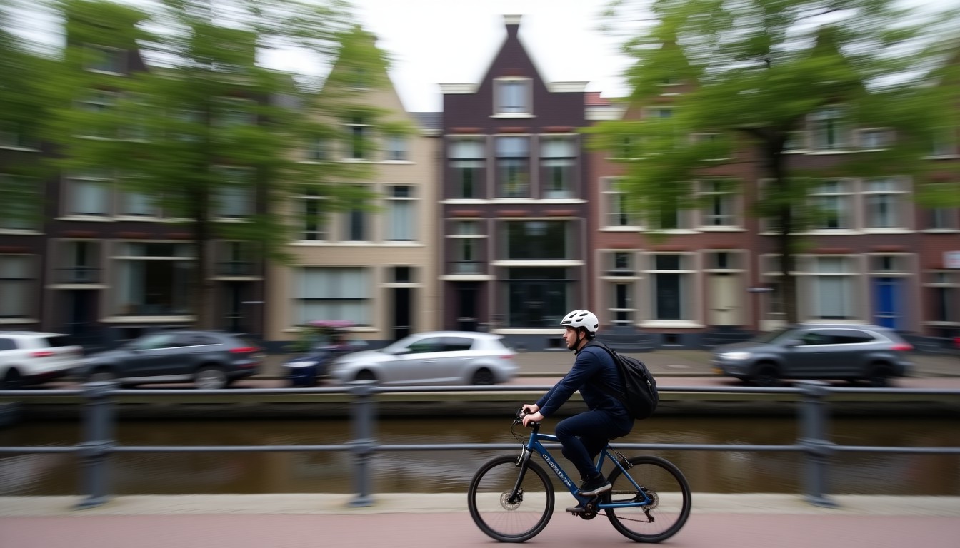 A person riding a bike past a canal house
