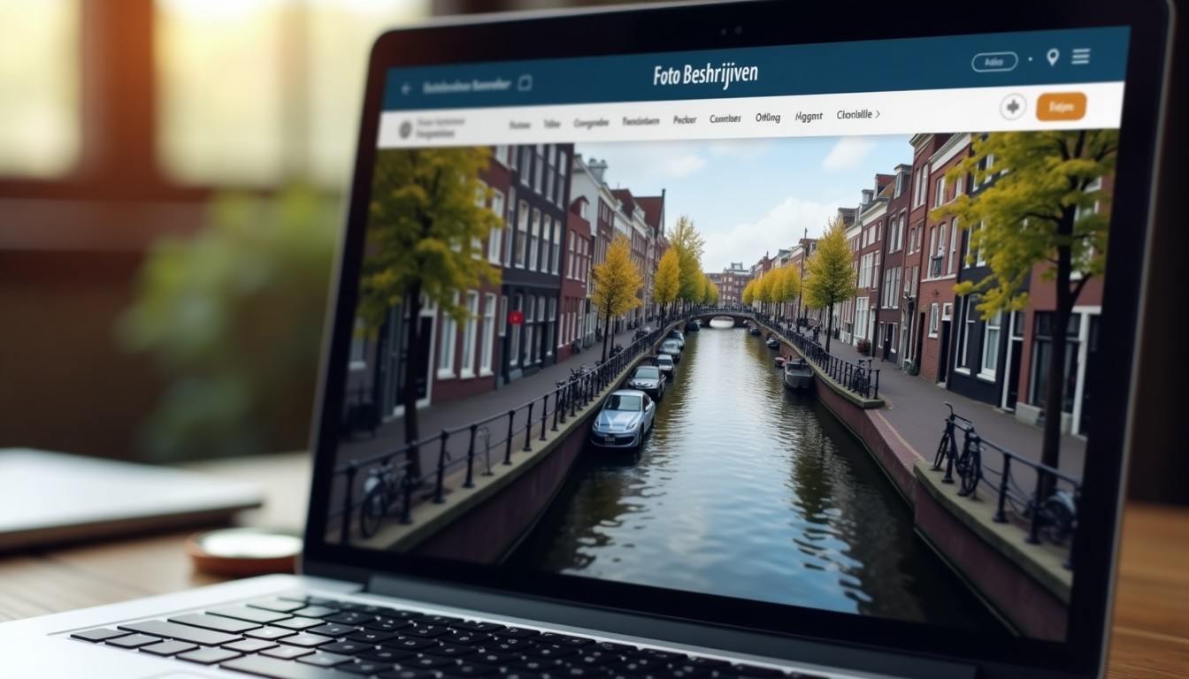 Laptop screen displaying a Dutch canal image and a text box for describing it.