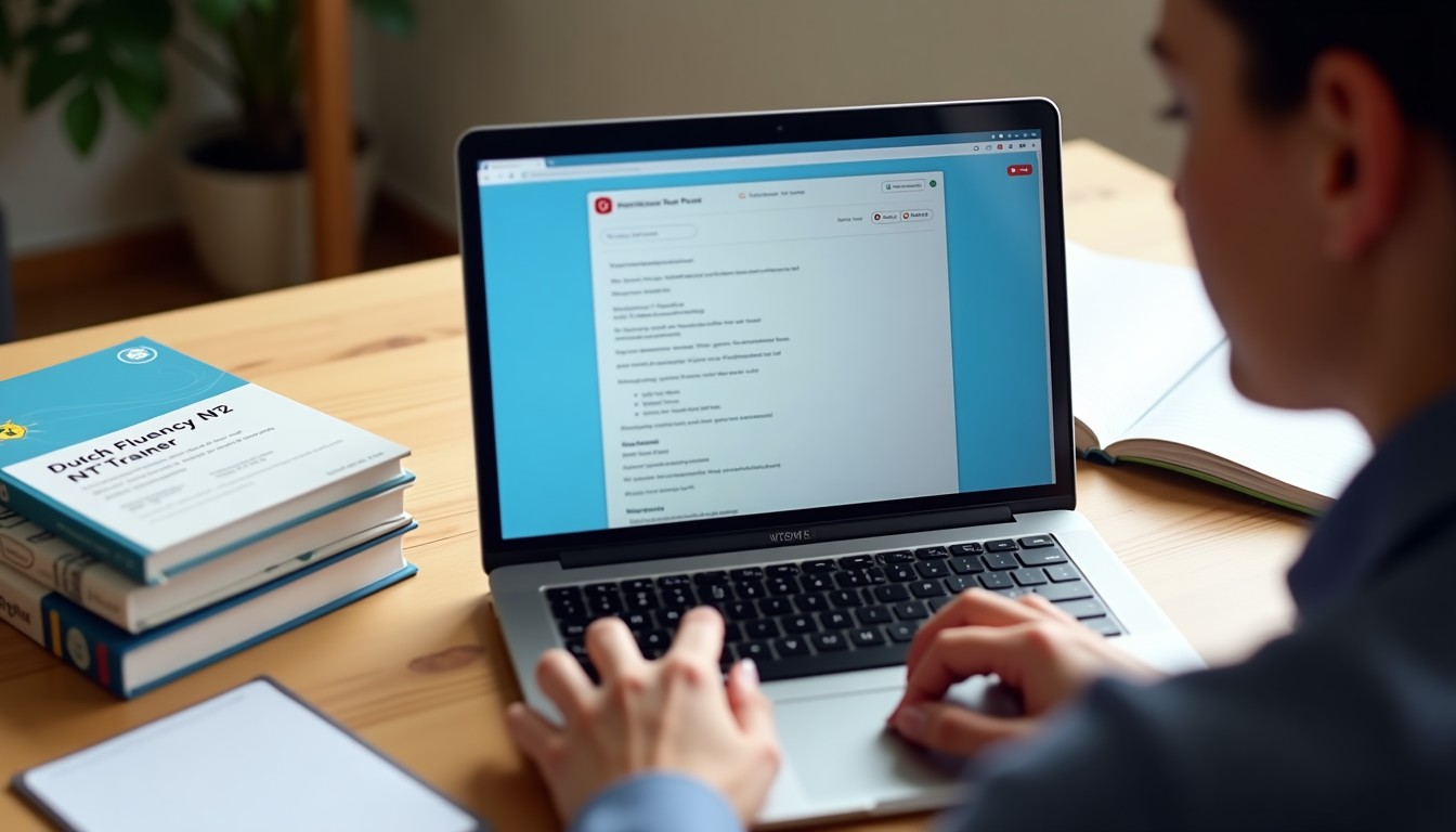Person studying Dutch at a desk with laptop and textbooks