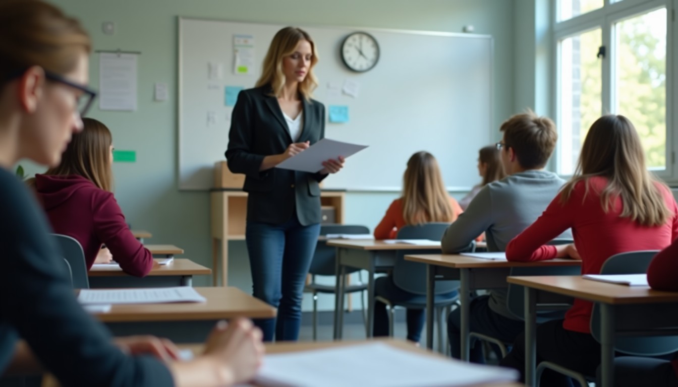 Students taking a Dutch language exam in a classroom
