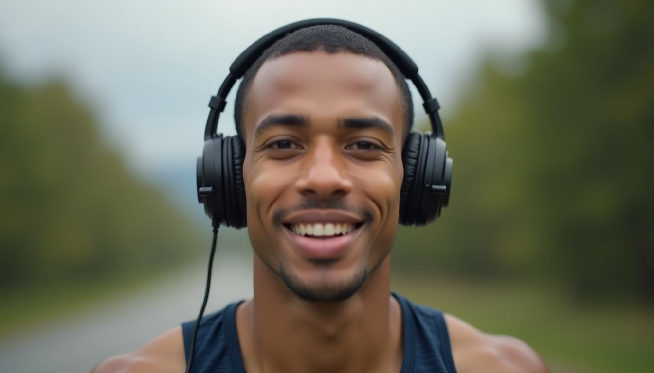 A runner wearing headphones