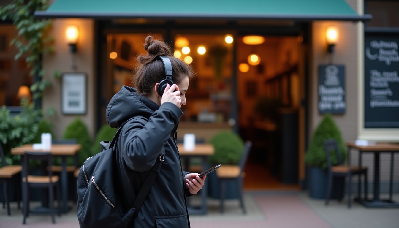 A person walking past a cafe