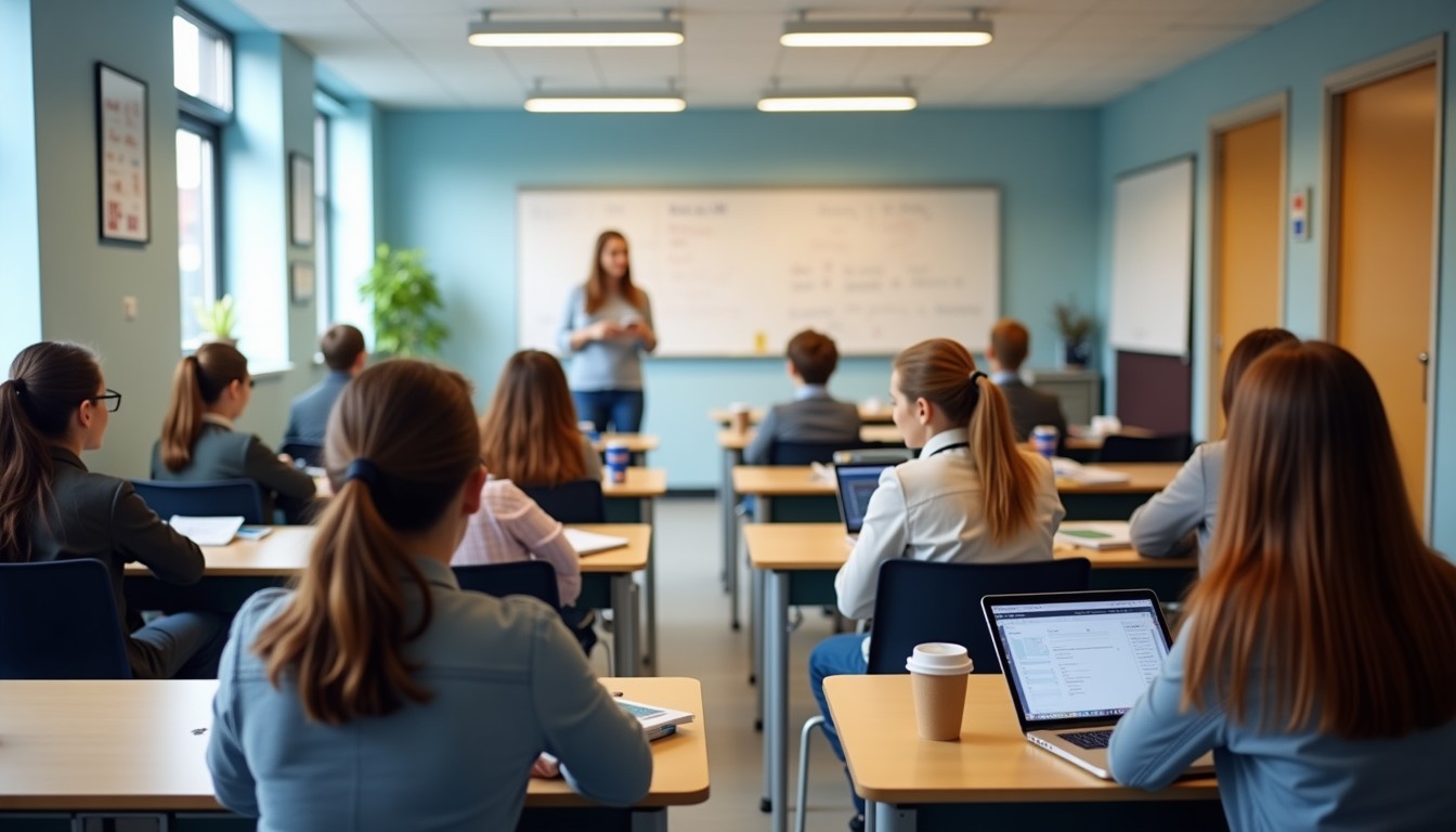 A classroom with students at their desks, surrounded by language learning materials