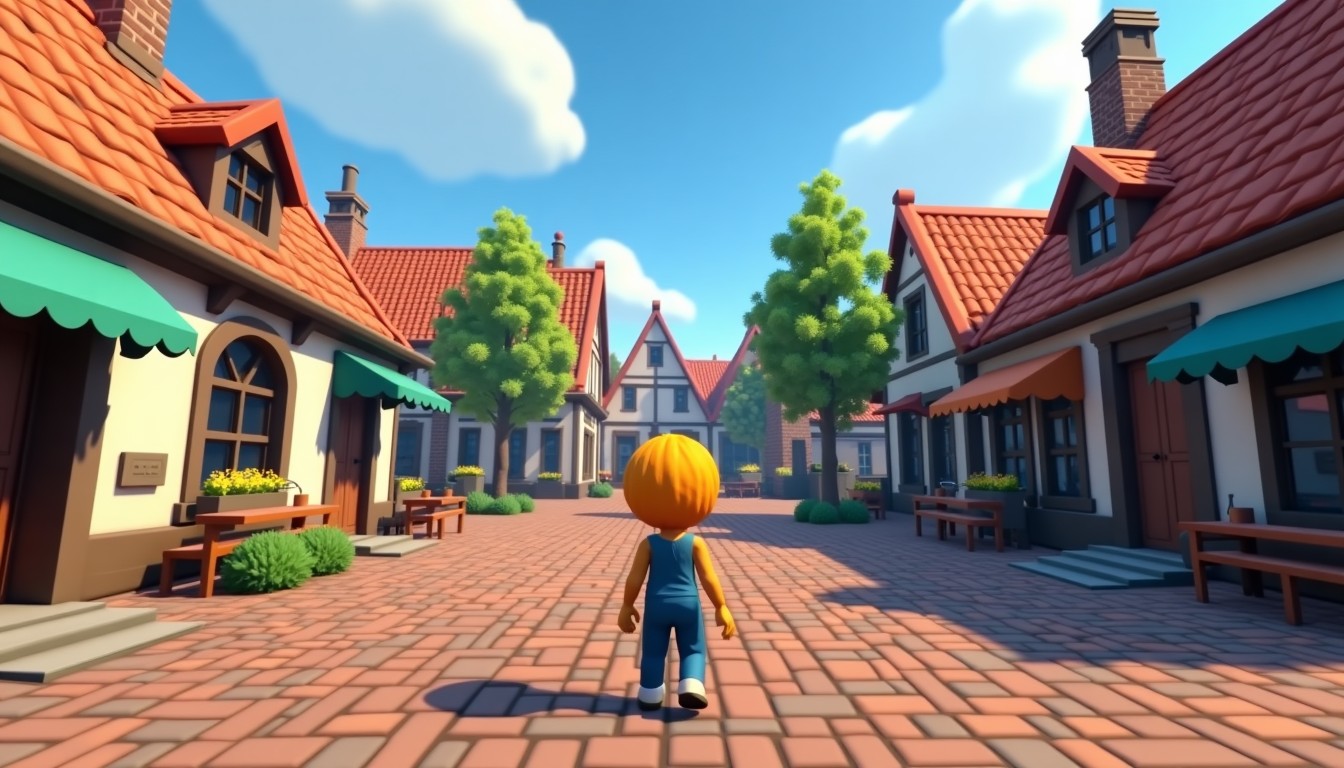 A virtual character in a Dutch town square