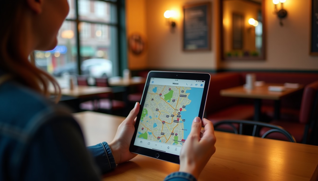 A person using the Dutch Town app in a cafe