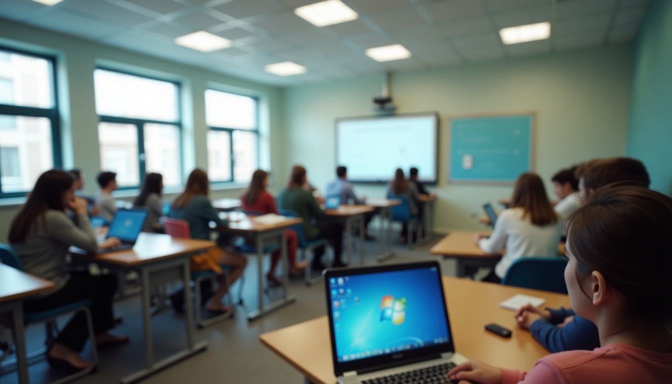 Students learning online in a classroom
