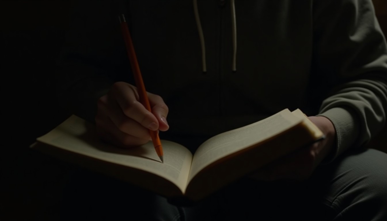 A person reading from a diary with a focused expression