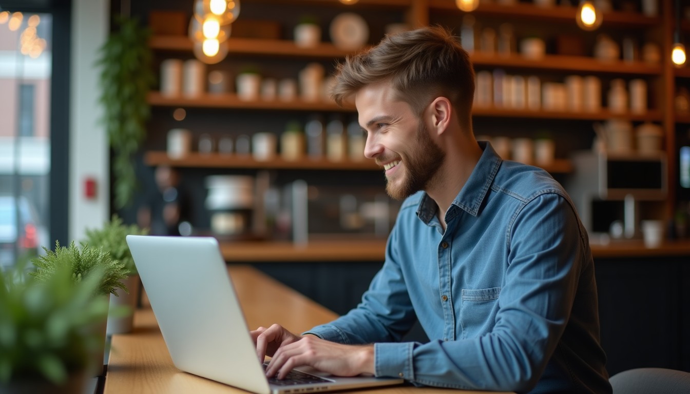 A natural light shot of a professional working on a laptop in a cozy Rotterdam cafe