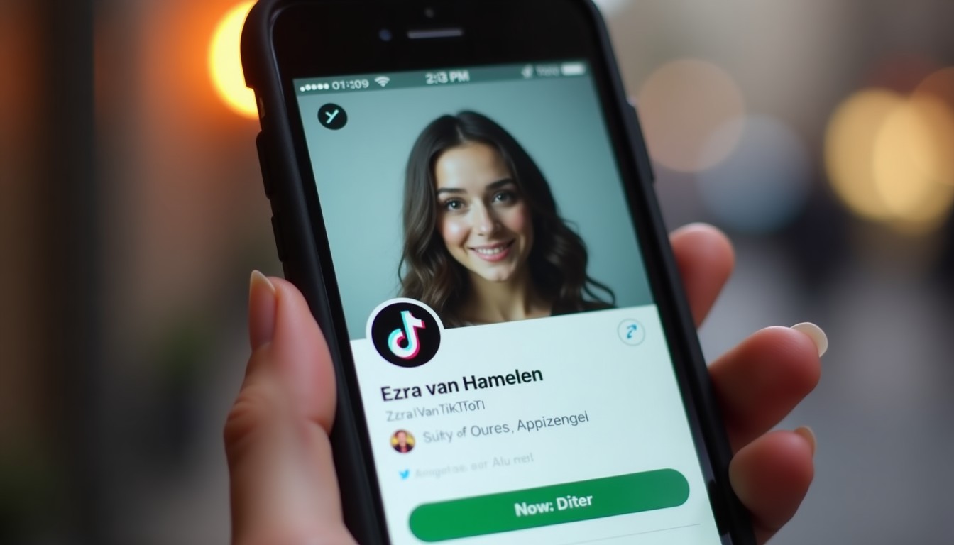 A close-up of a smartphone screen displaying Ezra van Hamelen's TikTok profile with various short videos