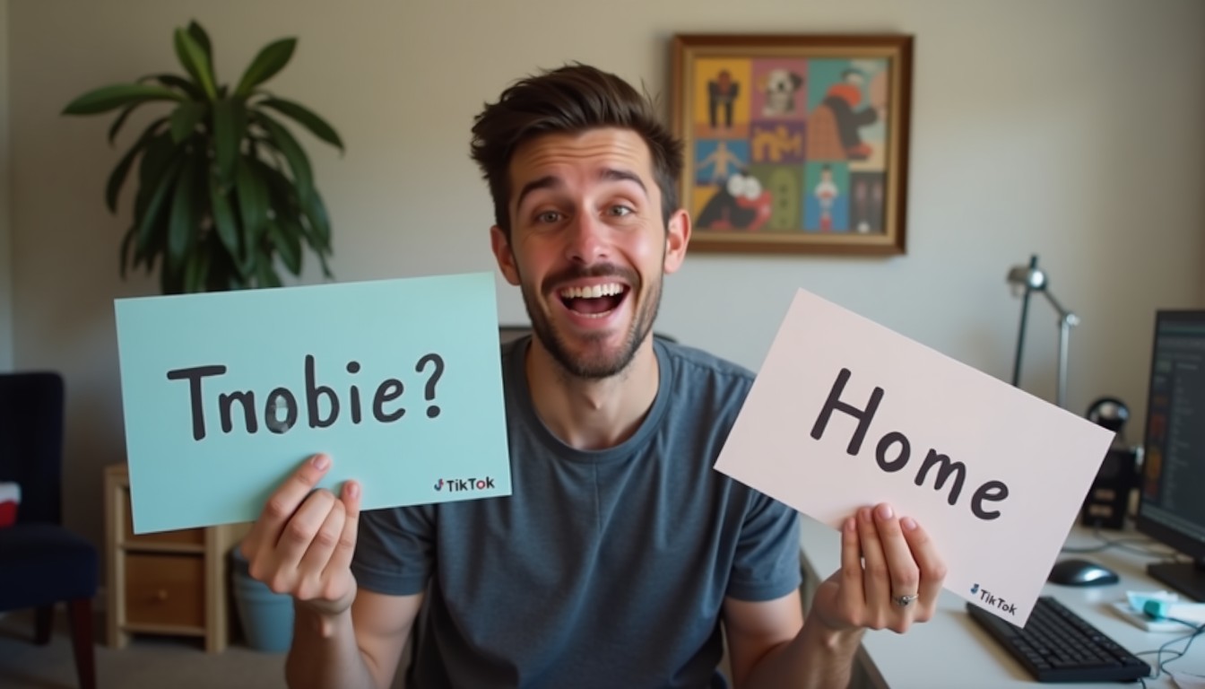 A person sitting at a home desk, watching a TikTok video on their laptop and practicing pronunciation