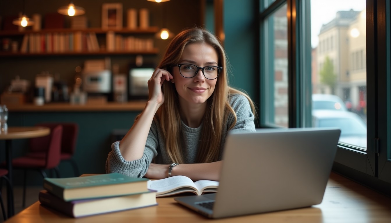 Student studying Dutch at a Berlin cafe