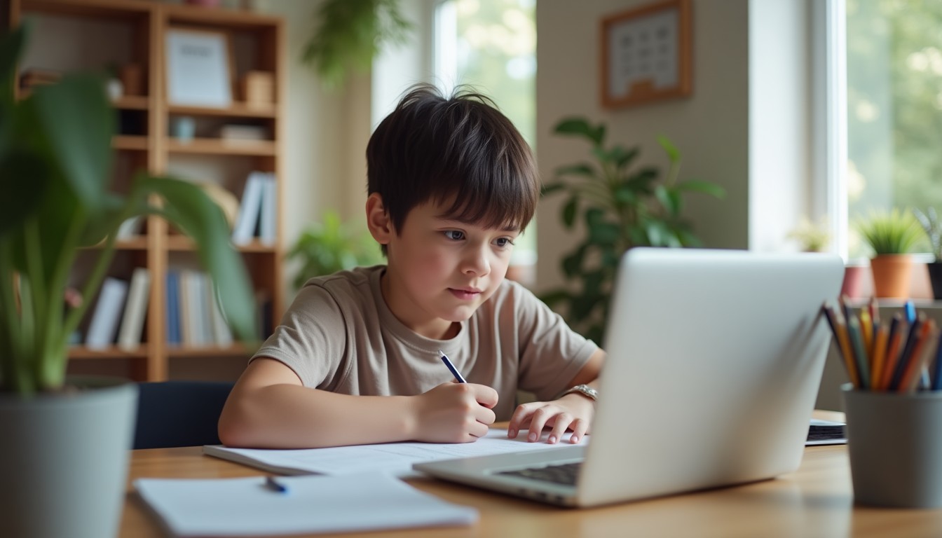 A learner repeating sentences on a laptop