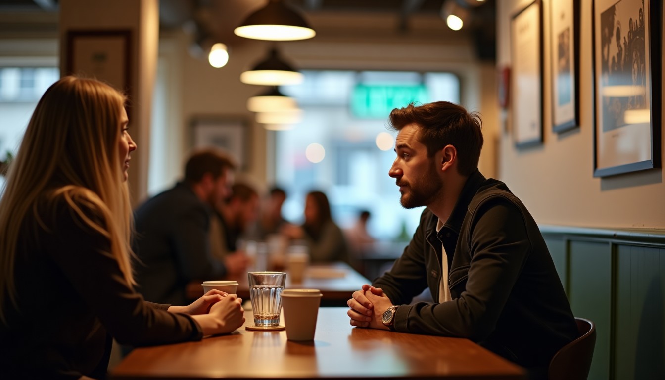 Two people chatting in a cafe